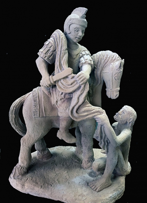 Terracota. Replica de la escultura de S. Martin de la Honacina de la fachada de la iglesia de Mecerreyes. Burgos. Figura exenta